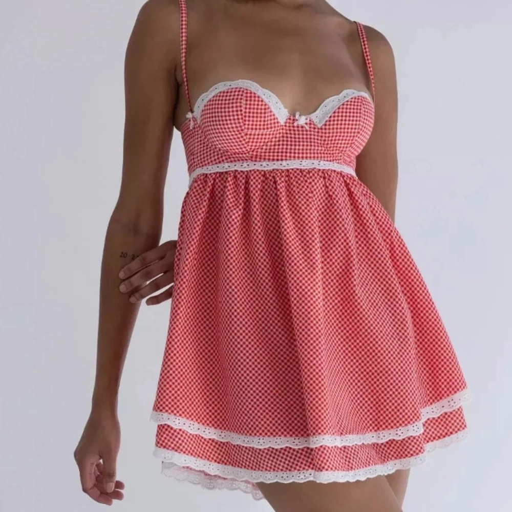 PICNIC SUNDRESS Red & White Gingham Corset Bustier Milkmaid Babydoll Mini Dress